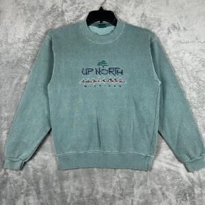 VINTAGE 90s Up North Michigan Sweatshirt Youth L Green Crewneck Made In USA